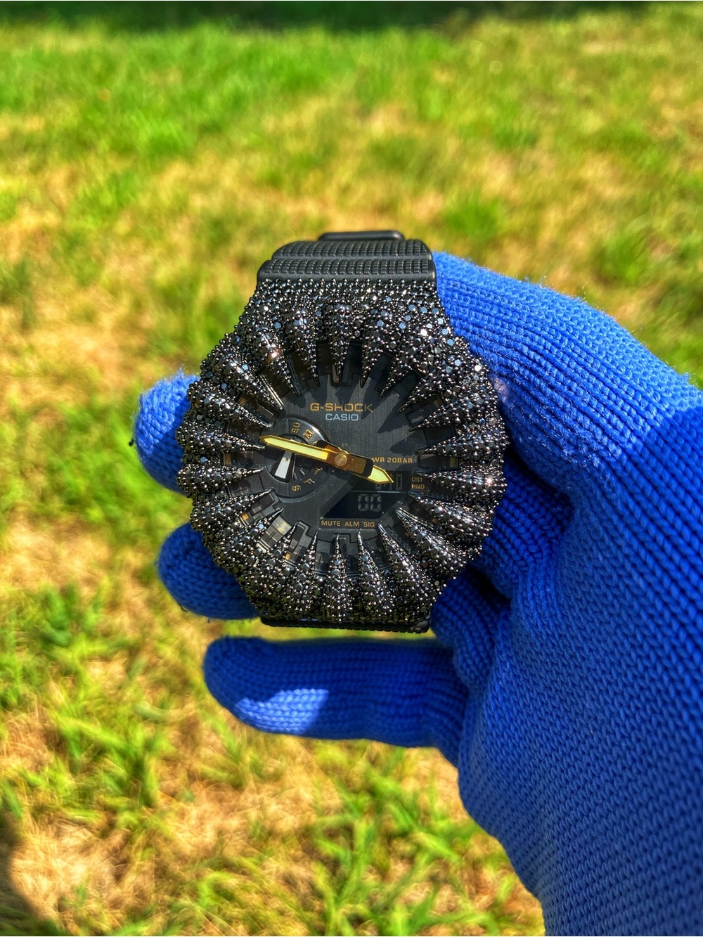 Custom G Shock Gold and black Colorway with black moissanite bezel